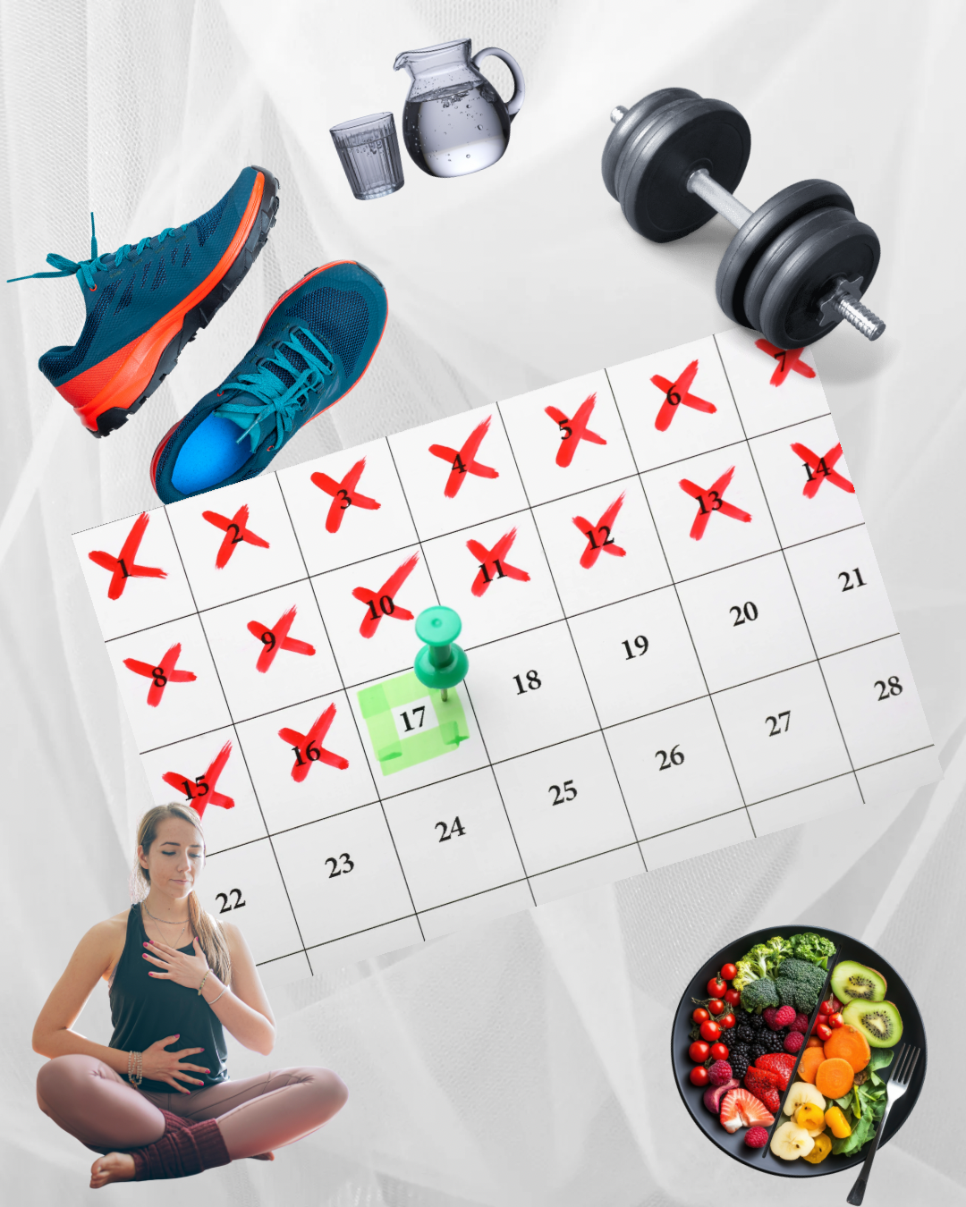 Kalender mit angekreuzten Tagen, Laufschuhe, Wasserglas und Karaffe, Hantel, ein Teller mit gesundem Essen, eine medititierende blonde junge Frau